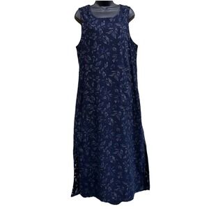 Womens Vtg 90s Navy Maxi Dress Leaf Print Sleeveless Jumper Cottagecore Modest